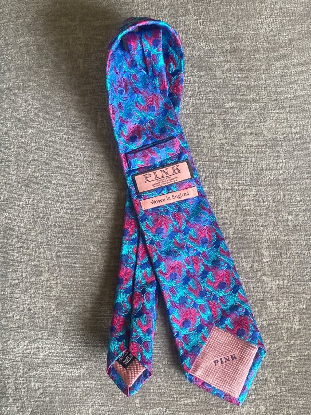 Vintage Thomas Pink Bright Floral 100% Silk Tie Teal Blue Pink Hibiscus